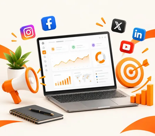 A laptop showing a marketing analytics dashboard, surrounded by social media icons, a megaphone, a target with an arrow and a rising bar chart.