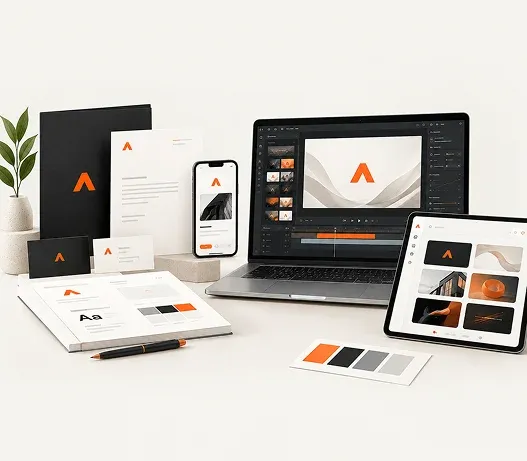 A brand identity laid out across stationery, a phone, a laptop showing an editing tool and a tablet, all in one mark.