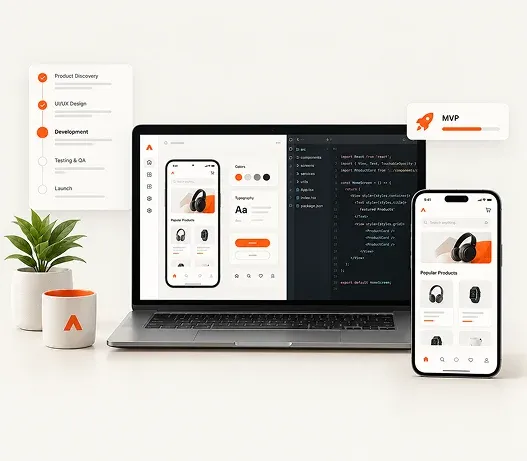A laptop showing a code editor beside a product build checklist and a phone showing the product it builds.
