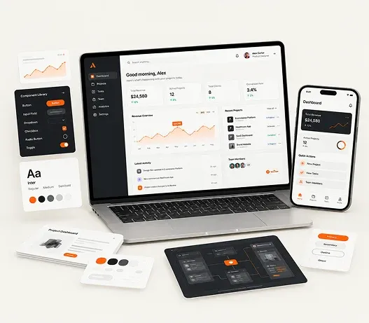 A laptop showing a SaaS analytics dashboard beside a phone with the same dashboard, among project and settings cards.