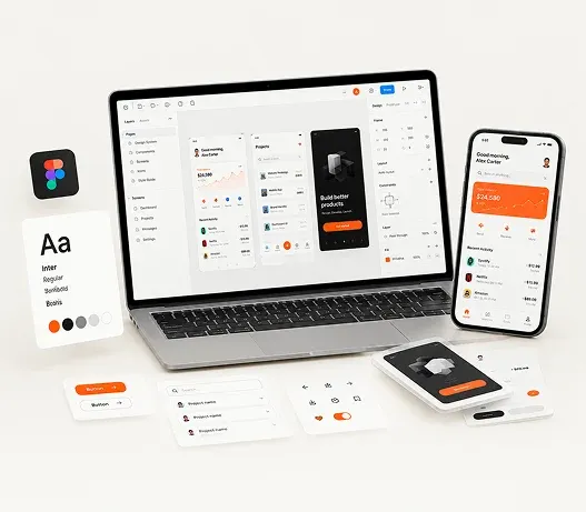 A laptop showing a product design tool beside a phone mockup, a type specimen card and UI component cards on a desk.